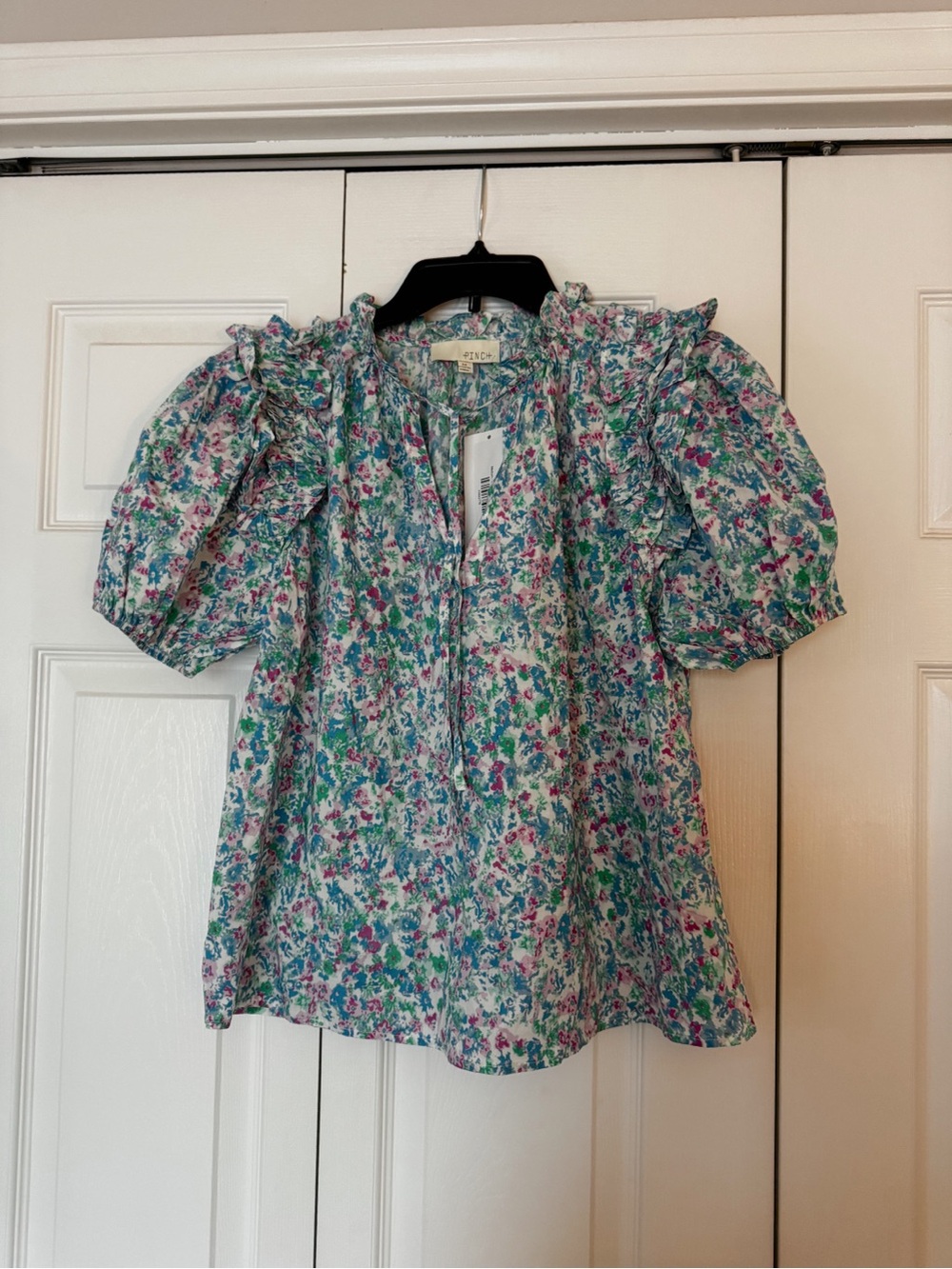 Pinch Floral Ruffle Puff-Sleeve Blouse - Blue & Pink
